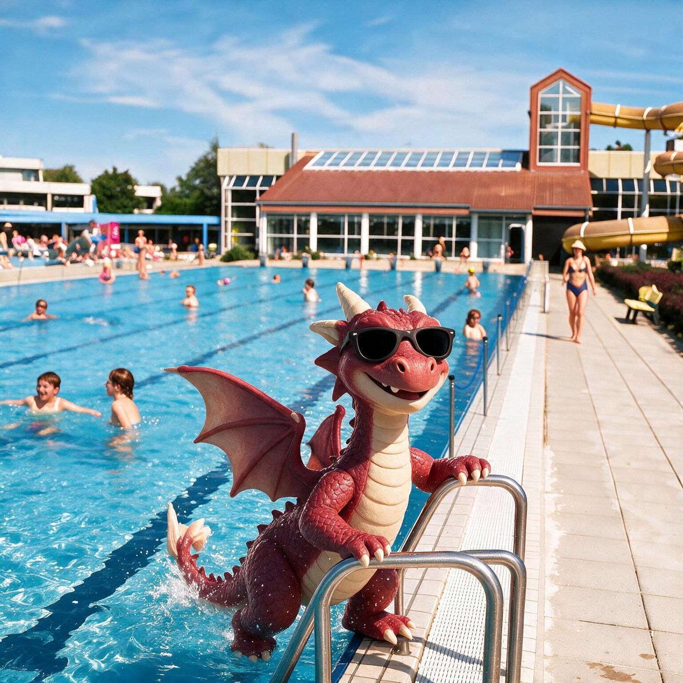 KI-generiertes Bild: Der Drache mit Sonnenbrille steigt an der Leiter aus dem Schwimmerbecken des Freibads Quakenbrück, im Hintergrund das Badegebäude und die gelbe Wasserrutsche