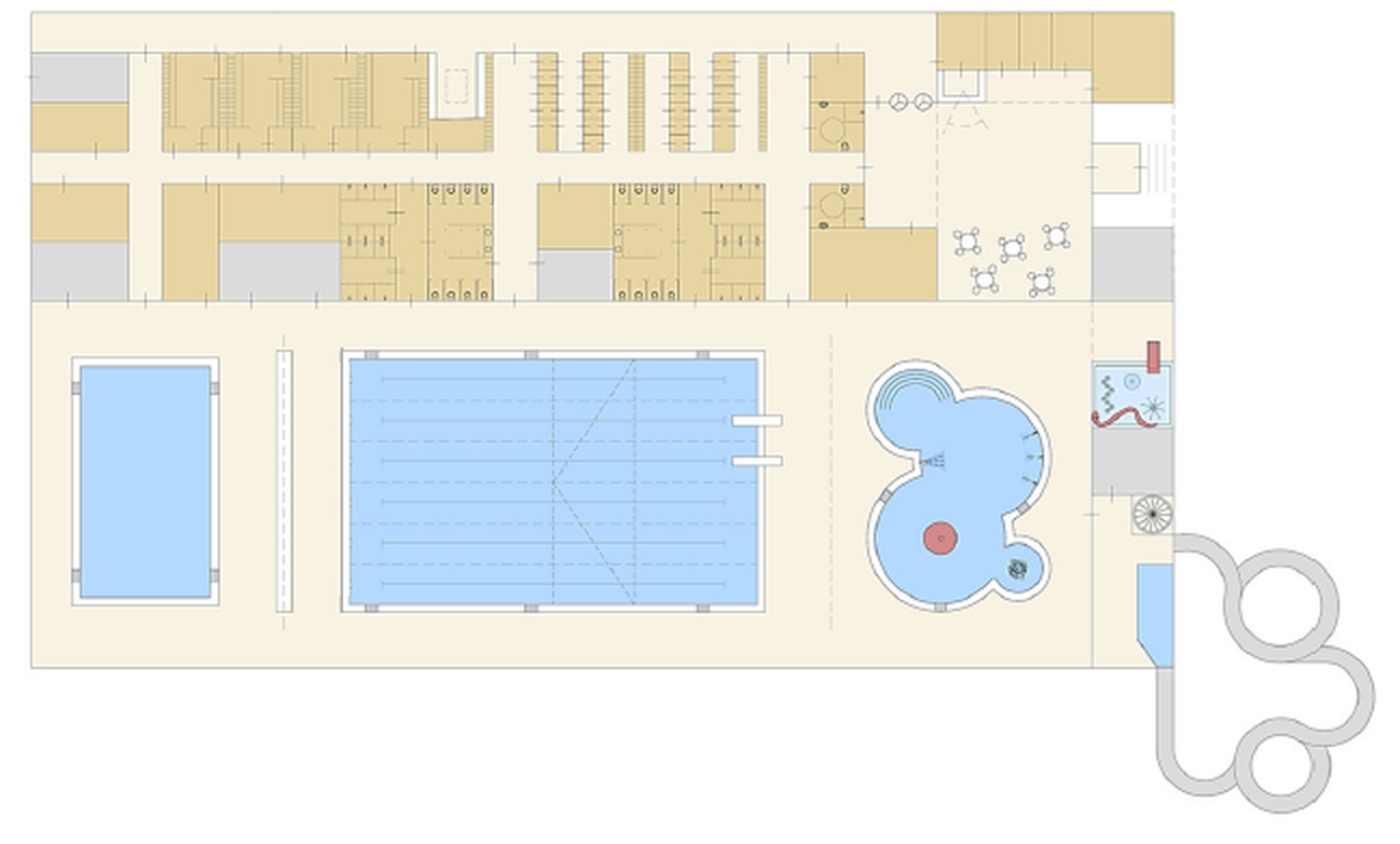 Grundriss des geplanten Hallenbad-Neubaus: links das Variobecken, in der Mitte das Schwimmerbecken mit sechs Bahnen, rechts der Freizeit- und Kleinkinderbereich mit Anbindung an die Rutschenanlage