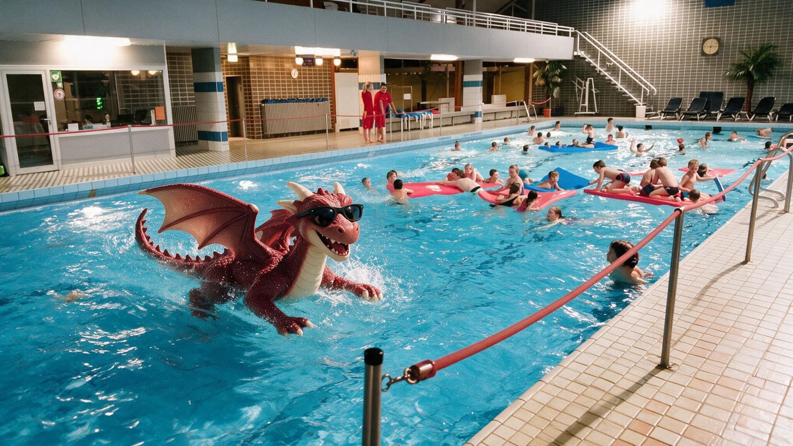 KI-generiertes Bild: Blick ins Hallenbad Quakenbrück, Kinder mit Schwimmnudeln im Becken, davor der Drache mit Sonnenbrille