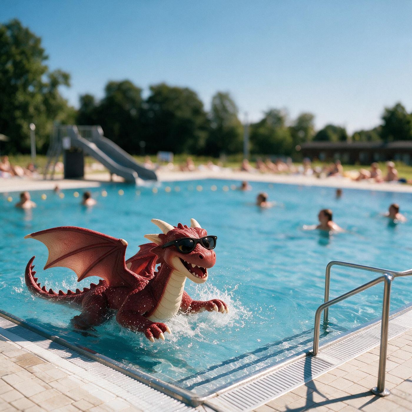 KI-generiertes Bild: Der Drache mit Sonnenbrille planscht im Becken des Freibads Nortrup, im Hintergrund die Rutsche